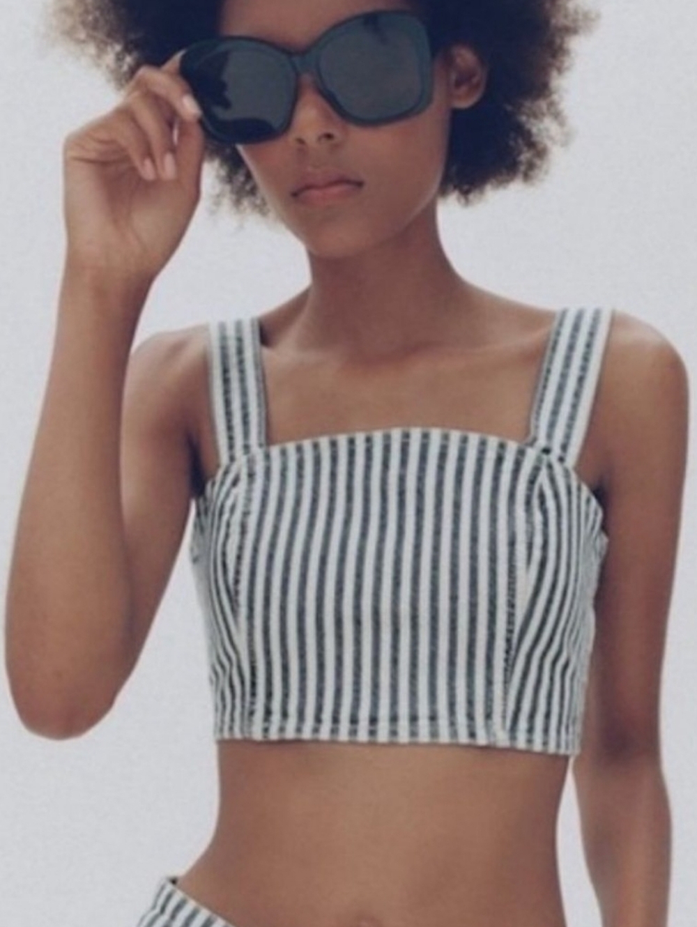 Zara Denim Blue and White Stripe Sleeveless Crop Top